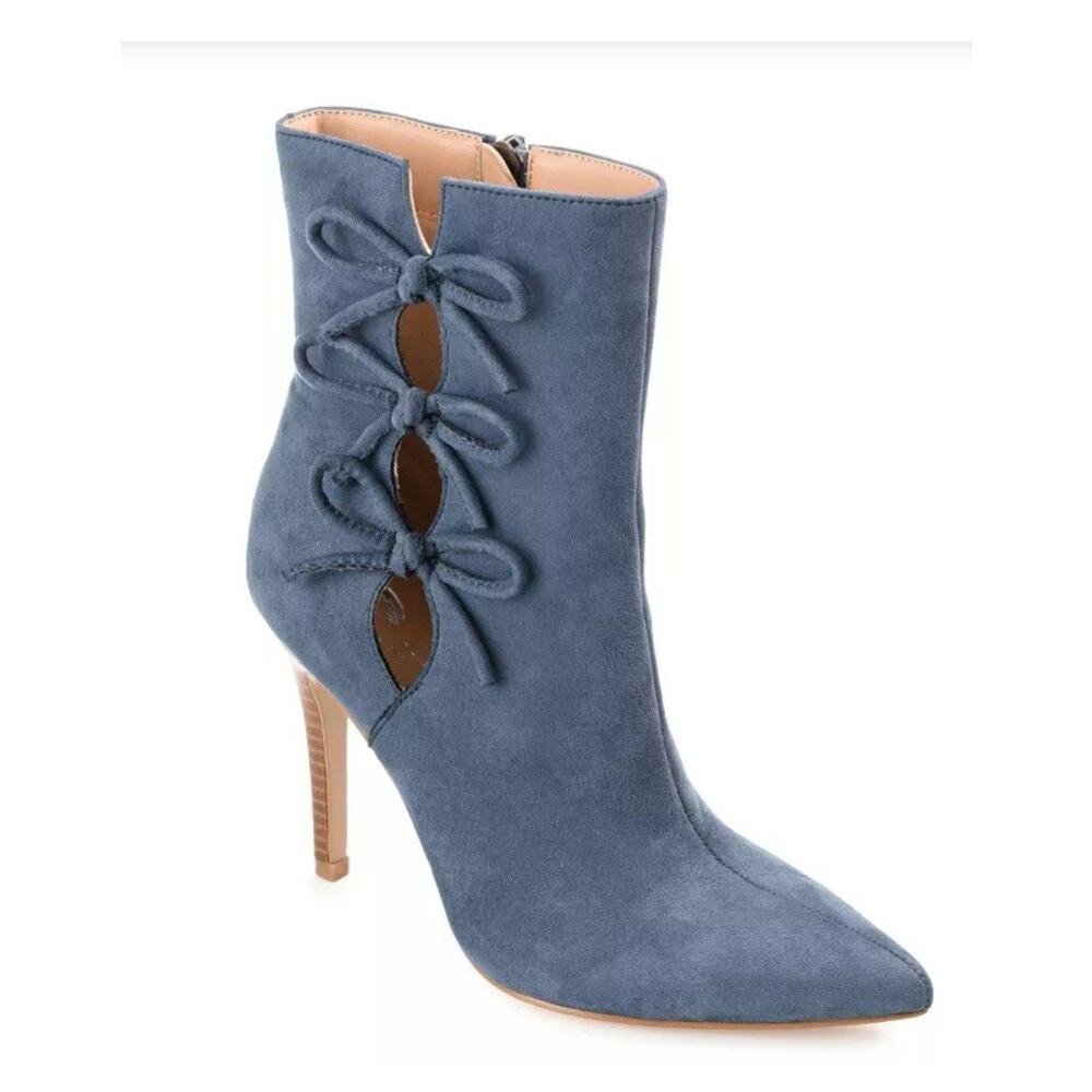 Journee Collection Deandra Blue Faux Suede Bow Pointed‎ Toe Stiletto Booties 8.5